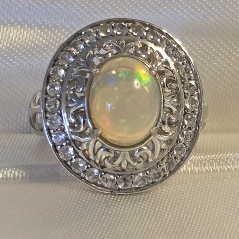 Victoria Wieck Silver Opal, White Topaz Ring with Intricate Design